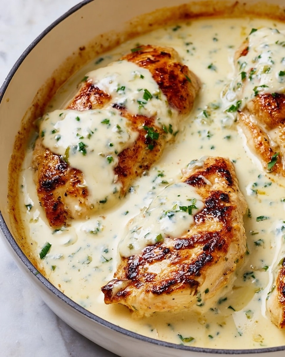 A close-up view of a white pan with four pieces of golden-brown grilled chicken breast partially covered in a thick, creamy white sauce with green herb specks scattered on top. The sauce has a smooth, slightly glossy texture, pooling around the chicken. The chicken pieces show grill marks and a slightly crispy surface, contrasting with the soft, rich sauce. The pan sits on a white marbled surface. photo taken with an iphone --ar 4:5 --v 7