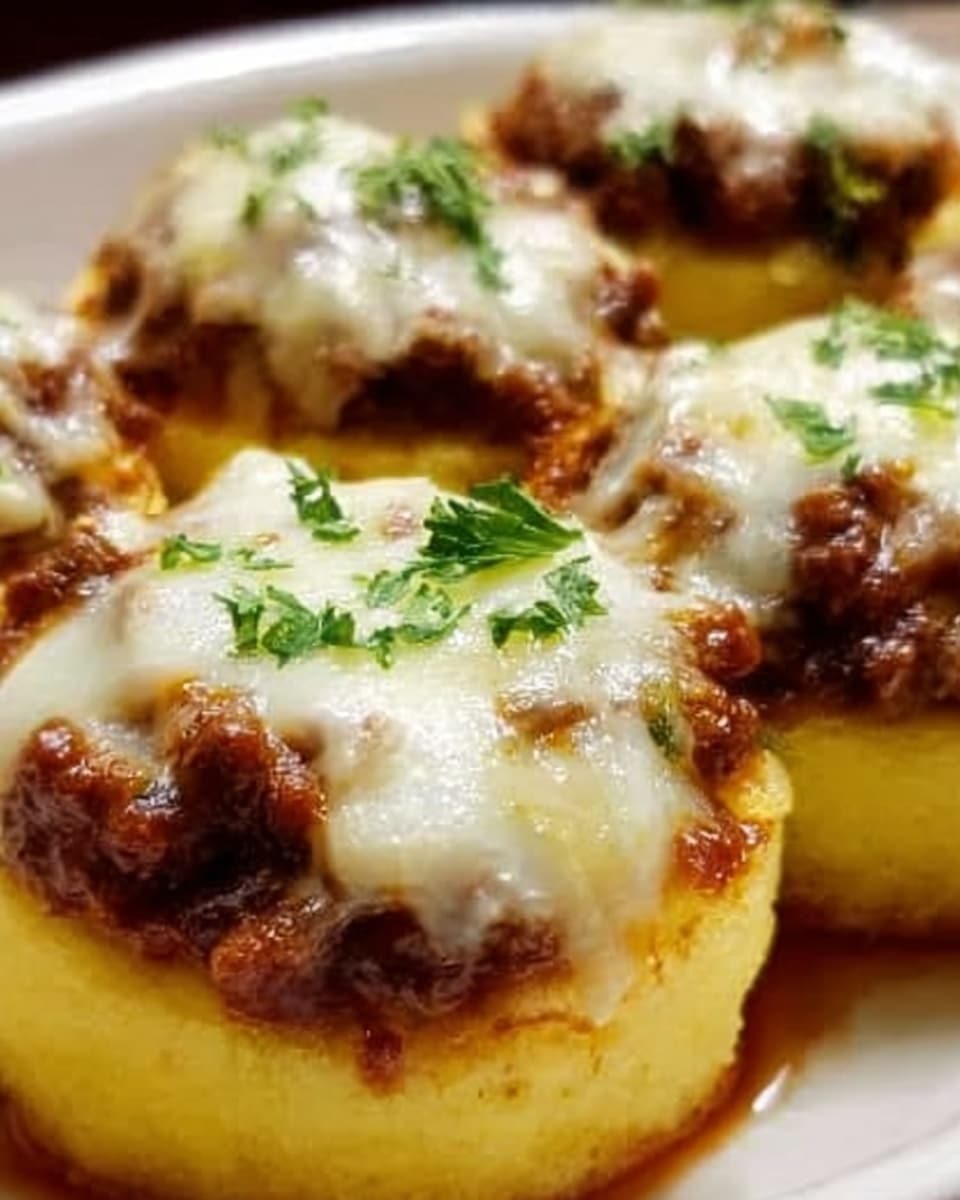 The image shows several round, golden-yellow polenta cakes topped with a thick layer of brown ground meat, which is covered by melted white cheese with a slight golden-brown tint in spots. Each piece is garnished with small green parsley leaves on top. The polenta has a smooth texture and sits on a white plate. The photo is taken with an iphone --ar 4:5 --v 7