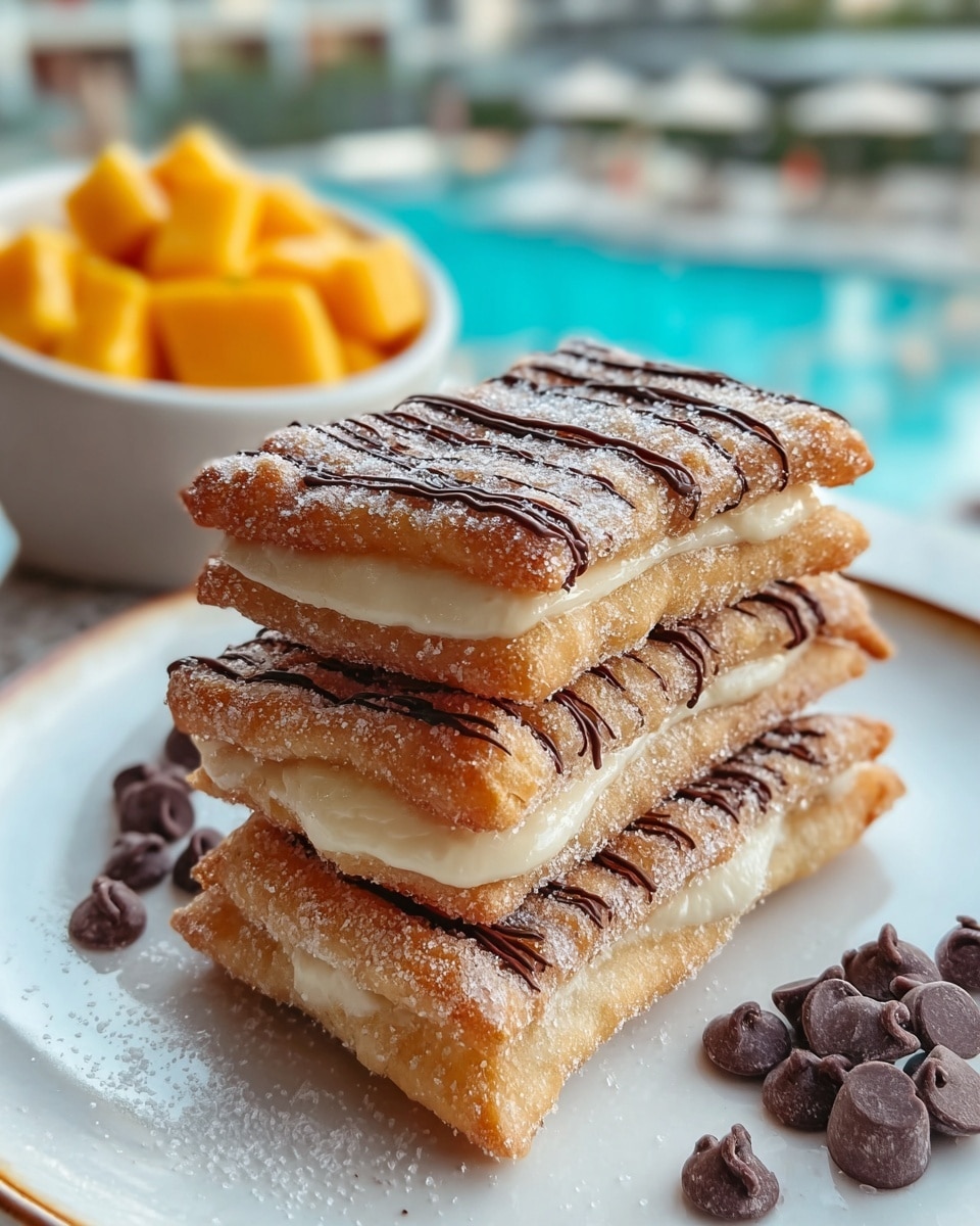 A stack of four rectangular fried pastries is shown, each with a golden-brown crispy crust coated with sparkling sugar crystals on the outside layers. Between each crispy layer, there is a thick, smooth white cream filling that looks soft and rich. The top pastry has thin drizzle lines of dark chocolate sauce adding contrast and shine. The pastries sit on a white plate with a few large chocolate chips nearby. In the blurry background, there is a white bowl filled with bright yellow chunks of mango, all placed on a white marbled surface with an outdoor pool out of focus beyond. Photo taken with an iphone --ar 4:5 --v 7