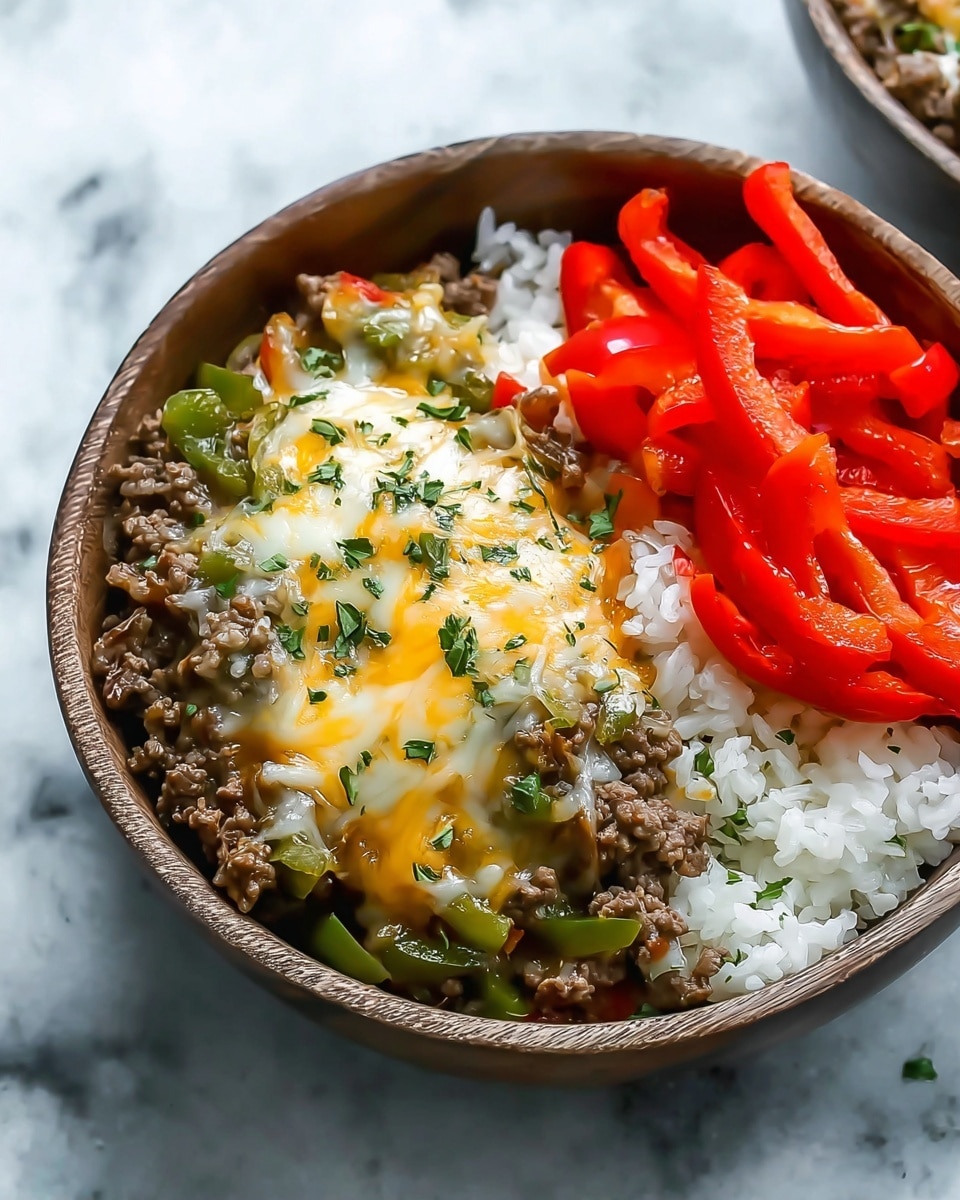 A white bowl on a white marbled surface holds three main layers of food. The bottom layer is white rice, soft and fluffy, filling half the bowl on one side. On top of the rice is a thick layer of cooked ground beef mixed with green bell pepper slices and small pieces of red pepper, covered by melted yellow and white cheese with a few green herb bits sprinkled over. Next to the beef and cheese is a neat pile of bright red, sliced bell peppers that look fresh and slightly shiny. Photo taken with an iphone --ar 4:5 --v 7