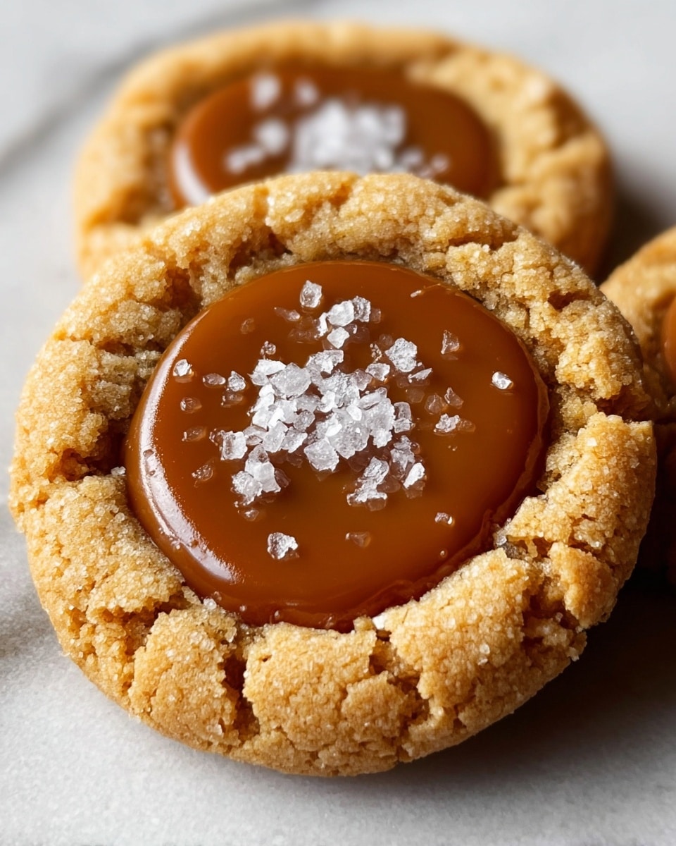 The image shows a close-up of two round cookies on a white marbled surface. Each cookie has a rough, cracked golden-brown outer layer with a slightly crumbly texture. In the center of each cookie, there is a smooth, glossy caramel layer with a rich brown color. On top of the caramel, there are small, white coarse salt crystals scattered, adding texture and contrast. The cookies are positioned so one is fully visible in the foreground while the other is partially visible behind it, both emphasizing the thick caramel center and textured cookie base. photo taken with an iphone --ar 4:5 --v 7