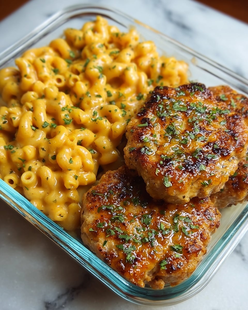 A glass rectangular container holds two main layers of food side by side: on the left, a creamy macaroni and cheese with elbow pasta coated in smooth, rich orange cheese sauce sprinkled lightly with green herbs; on the right, three golden brown, slightly crispy chicken patties stacked with visible grill marks and a shiny glaze topping, also sprinkled with green herbs. The container sits on a white marbled surface, and the image is close up, showing the texture and color of the food clearly. photo taken with an iphone --ar 4:5 --v 7