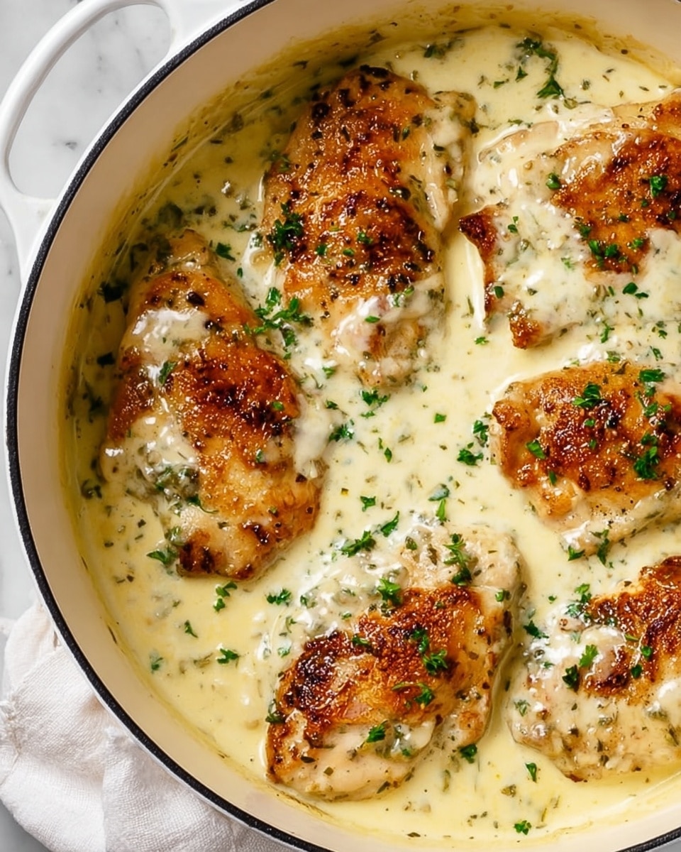 The image shows a white pot filled with multiple pieces of browned cooked chicken breast partially covered by a thick, creamy light yellow sauce with green herb specks. The chicken has a crispy, golden brown texture on the top layer, while the sauce coats the chicken and the pot’s bottom evenly with a smooth, velvety look. Small chopped green herbs are sprinkled over the sauce and chicken, adding a fresh color contrast. The pot sits on a white marbled surface, and a corner of a white cloth napkin is visible at the left side. photo taken with an iphone --ar 4:5 --v 7