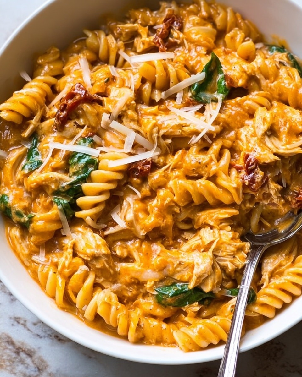 A close-up view of a white bowl filled with creamy rotini pasta in a thick orange-tan sauce, showing three clear layers: the bottom has spiraled pasta, the middle is mixed with shredded chicken and bits of cooked spinach, and the top is sprinkled with grated white cheese and small pieces of sun-dried tomatoes, with some sauce pooling around. A silver spoon rests inside the bowl on the right side. The background is a white marbled texture. Photo taken with an iphone --ar 4:5 --v 7