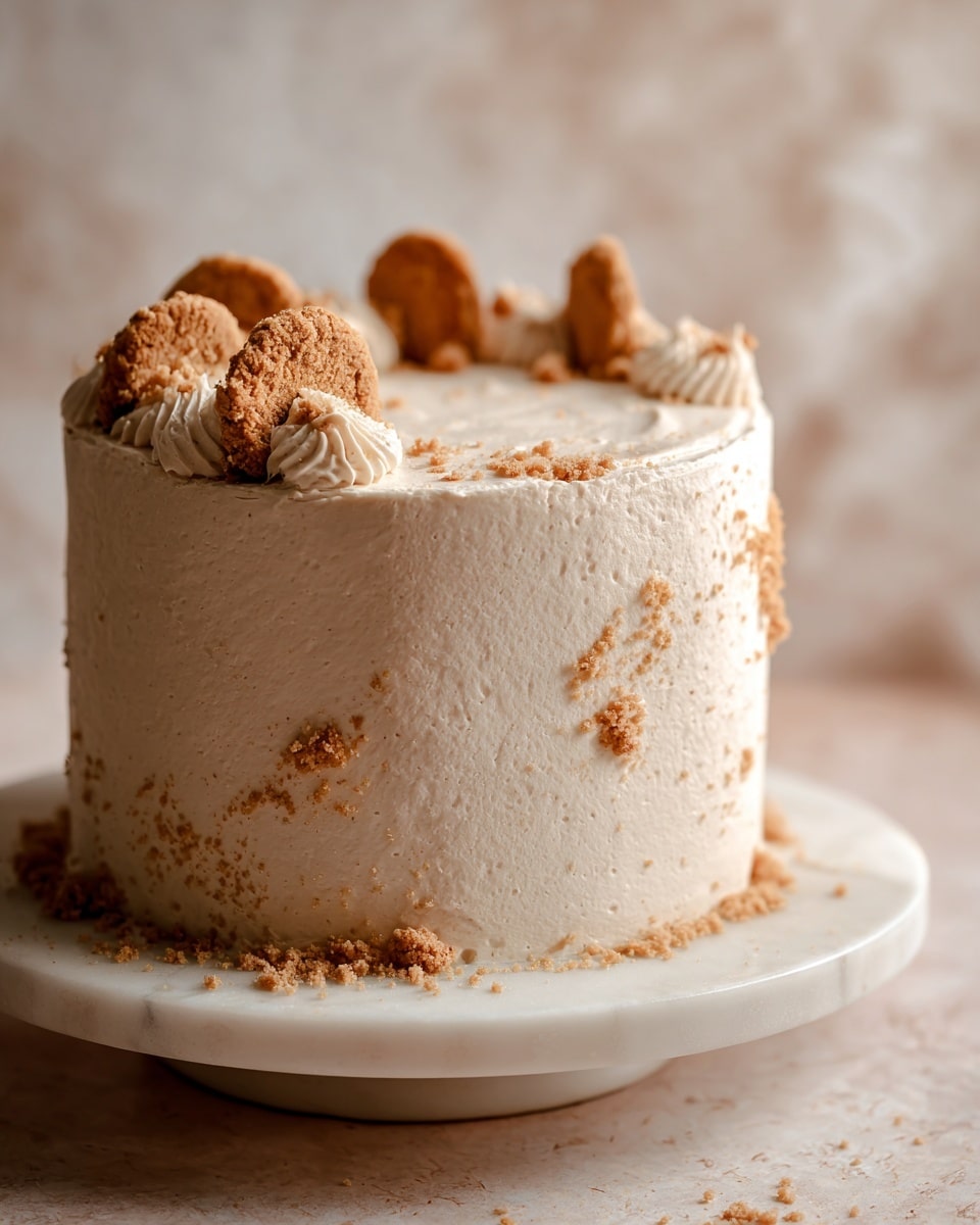 A tall, round cake sits on a small white marble board, covered in smooth, light beige frosting with a slightly creamy texture. There are scattered crushed cookie bits pressed into the frosting in random spots around the cake, with three larger cookie pieces placed on top near the edge. The cake itself shows no visible layers from the outside, focusing on the soft, creamy surface and crunchy cookie accents. The background is a white marbled texture, softly lit with a warm tone. Photo taken with an iphone --ar 4:5 --v 7