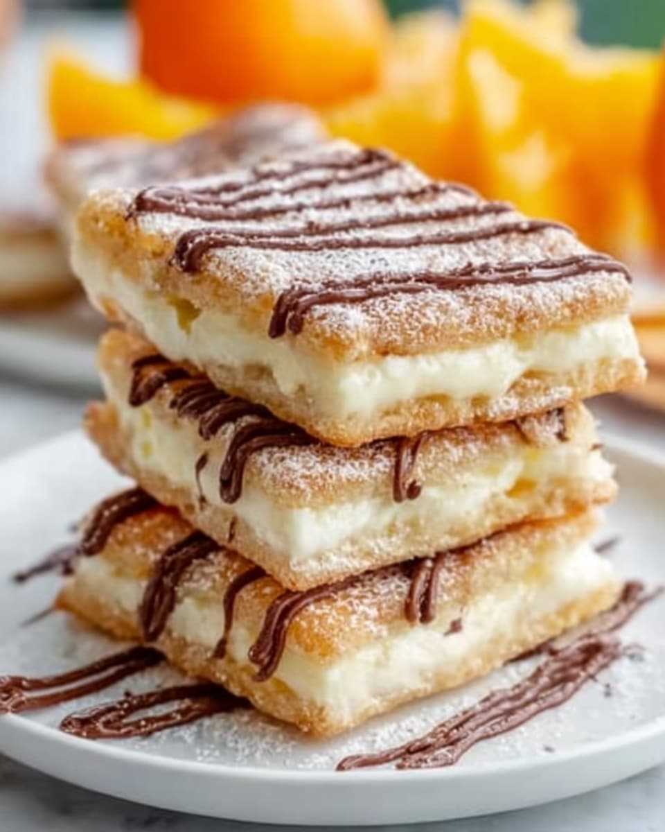 The image shows a stack of four rectangular dessert bars on a white plate, each layer featuring a golden-brown crust that looks crisp and lightly dusted with powdered sugar. Between the crust layers, there is a creamy white filling that appears smooth and thick. On top of the bars, there are thin, wavy lines of chocolate drizzle, giving a glossy dark brown contrast to the light powdered sugar and cream. The background shows blurred bright orange fruit pieces, and the surface is a white marbled texture. Photo taken with an iphone --ar 4:5 --v 7