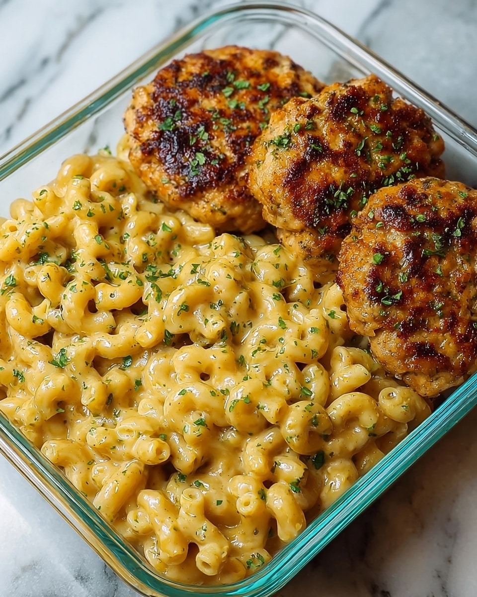 The image shows a clear rectangular glass dish filled with two main layers of food side by side. On the left side, there is a creamy macaroni and cheese layer made of elbow pasta coated in shiny, thick, golden-yellow cheese sauce, sprinkled with small green herb bits. On the right side, there are four golden-brown, slightly crispy, pan-fried patties with grill marks, also topped with small green herbs that add a fresh touch. The dish is set on a white marbled surface, giving a clean and bright background effect. photo taken with an iphone --ar 4:5 --v 7