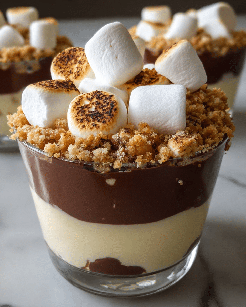 The dessert is in a clear glass cup showing three layers. The bottom layer is creamy and pale yellow. The middle layer is thick, smooth, and dark brown chocolate mousse. On top of the mousse is a crunchy crumb layer with small golden brown pieces. The top layer has large white marshmallows, some toasted with light brown spots, spread evenly across the surface. The background is a white marbled texture. photo taken with an iphone --ar 4:5 --v 7
