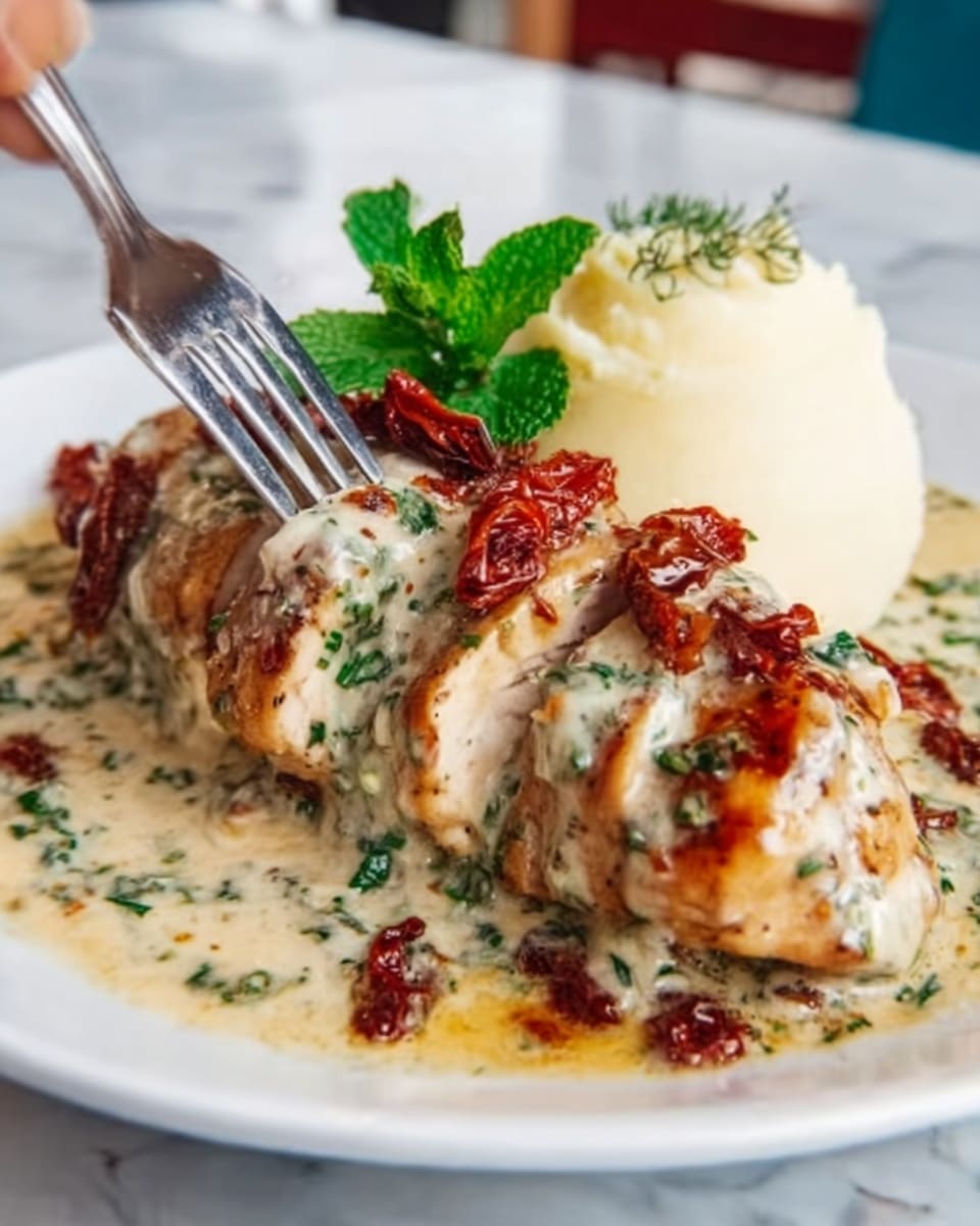 The image shows a white plate with a golden-brown grilled chicken breast sliced into pieces and topped with a creamy white sauce speckled with green herbs. On top of the chicken, there are small pieces of red sun-dried tomatoes, adding a pop of color. Next to the chicken, there is a smooth, light beige mashed potato mound. A fresh green mint leaf and a woman's hand holding a fork are visible, ready to eat. The surface is a white marbled texture. Photo taken with an iphone --ar 4:5 --v 7