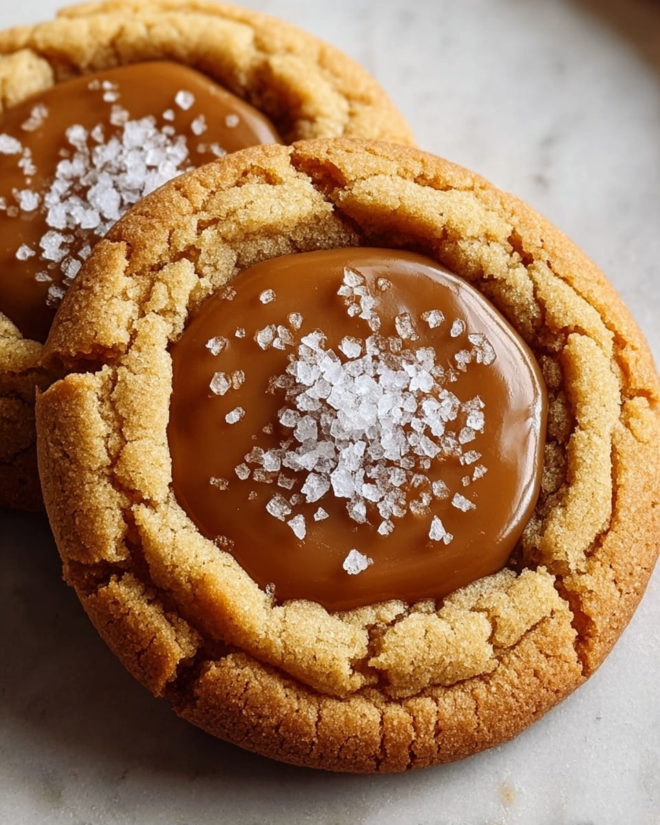 The image shows two round cookies with two main layers, placed on a white marbled texture. The base layer is a thick, golden-brown cookie with a cracked, crumbly texture, forming a slightly raised edge around the middle. The center has a smooth, glossy caramel layer that is thick and light brown in color. On top of the caramel, there is a sprinkling of coarse white salt crystals, added in the center, contrasting with the caramel. One cookie is fully visible, while the second cookie is partially visible behind it. Photo taken with an iphone --ar 4:5 --v 7