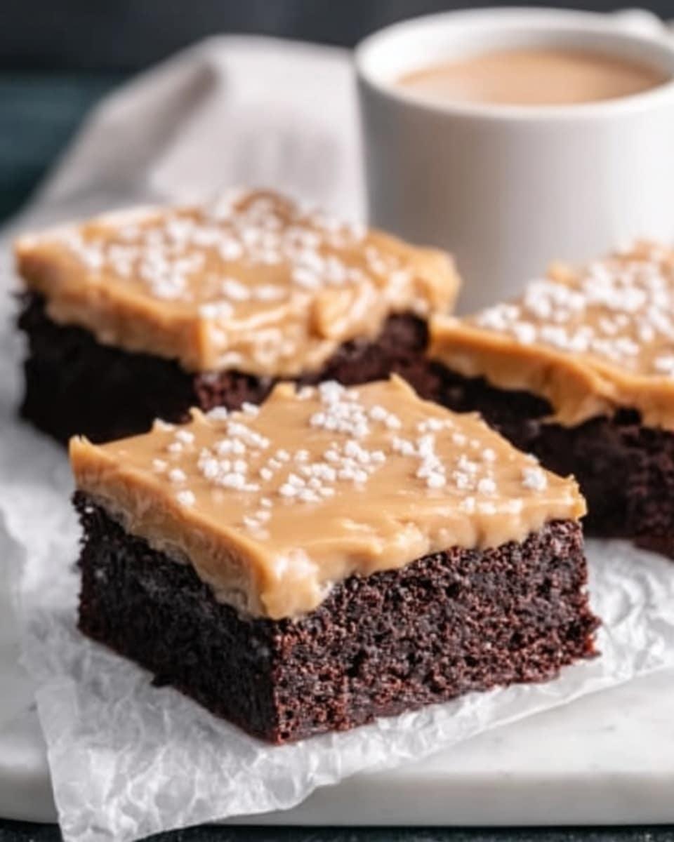 The image shows three square brownie pieces with a thick caramel-colored frosting layer on top, sprinkled with small white sugar crystals. The brownies have a dark, rich chocolate color and a dense texture. They are placed on white parchment paper on a white marbled surface, and a small white cup with a light brown drink is visible in the background. The frosting appears smooth and glossy, covering the entire top of each brownie piece. Photo taken with an iphone --ar 4:5 --v 7