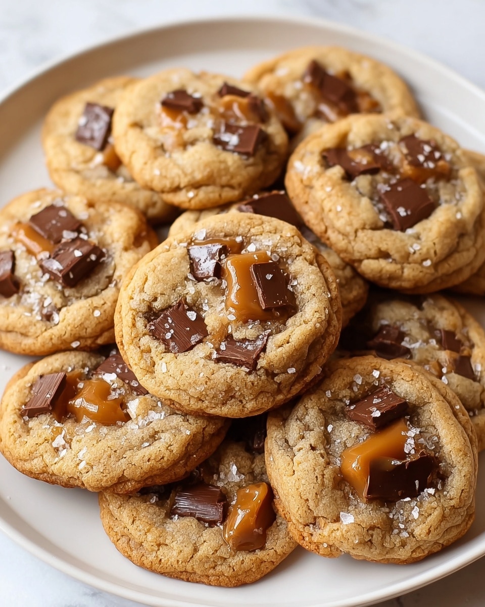 A white plate holds a pile of golden brown cookies, each cookie topped with chunks of glossy caramel and dark chocolate pieces that are slightly melted. The cookies have a soft, slightly cracked texture with a light sprinkle of coarse salt crystals shining on the surface. The cookies are round and slightly thick, showing a chewy and inviting consistency. The plate sits on a white marbled surface. photo taken with an iphone --ar 4:5 --v 7
