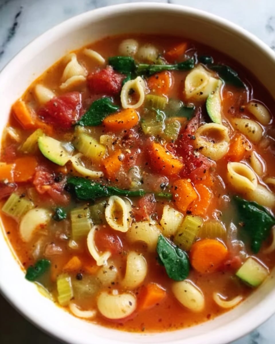 The image shows a white bowl filled with a colorful vegetable soup. The soup has layers of small pasta shells, orange carrot slices, green spinach leaves, celery pieces, and diced tomatoes in a light red broth. Tiny black pepper flakes and herbs float on top, adding texture. The background is a white marbled surface. photo taken with an iphone --ar 4:5 --v 7