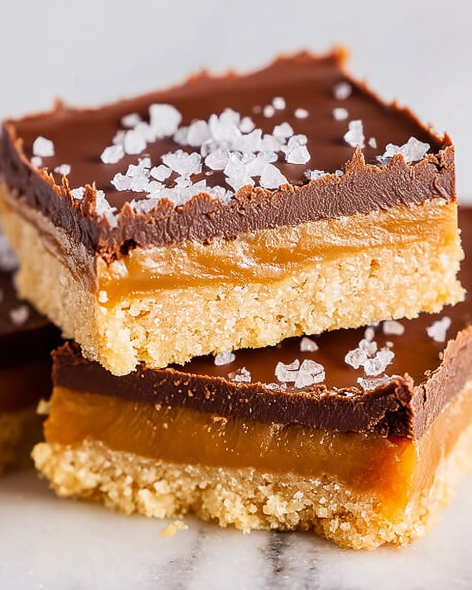 A close-up image of two stacked dessert bars on a white marbled surface, showing three clear layers in each bar. The bottom layer is dense and crumbly with a light beige color. The middle layer is smooth and caramel brown, slightly softer than the bottom. The top layer is thick, dark chocolate with a matte finish, sprinkled with coarse white salt crystals. The texture of the chocolate looks firm but not shiny, with some slight unevenness on the edges. Photo taken with an iphone --ar 4:5 --v 7