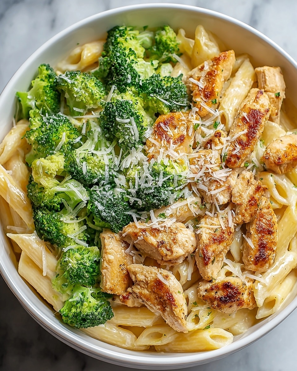 A white bowl filled with three main layers: the bottom layer is creamy light yellow penne pasta, the middle layer is bright green broccoli florets scattered evenly, and the top layer consists of browned chicken strips with a slightly crispy texture, all sprinkled with finely grated white cheese. The broccoli and chicken give a fresh and hearty look, and the cheese adds a light dusting over everything. The bowl is set on a white marbled surface. photo taken with an iphone --ar 4:5 --v 7