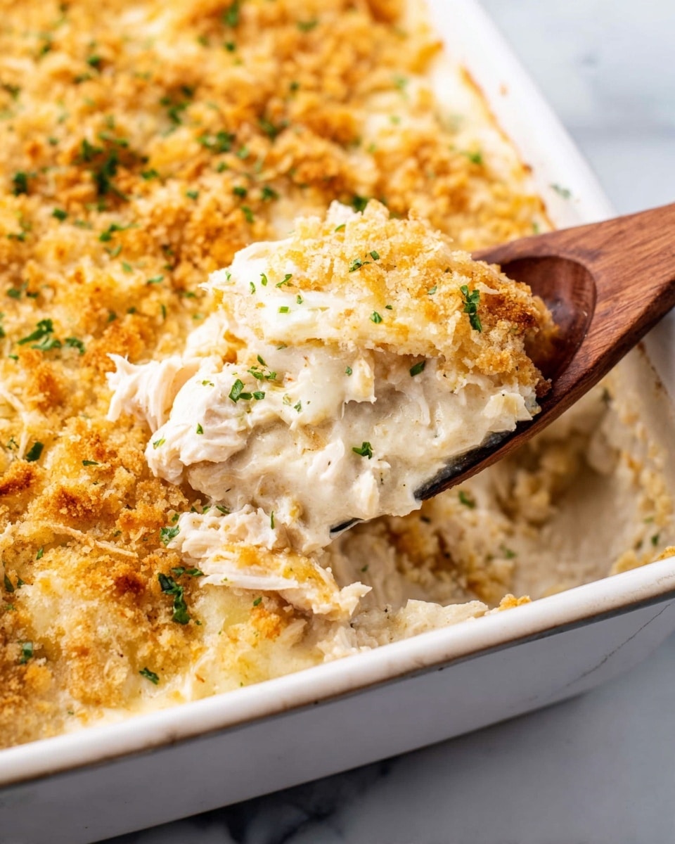 A close-up view shows a baked dish in a white rectangular pan with three visible layers: the bottom creamy layer is smooth and white, the middle layer contains shredded white pieces mixed with the creamy base, and the top layer is a golden, crumbly texture sprinkled with small green herbs. A wooden spoon holds a scoop of the creamy and crumbly mixture from the pan, revealing the soft inside texture contrasted with the crunchy topping. The setting rests on a white marbled surface. photo taken with an iphone --ar 4:5 --v 7