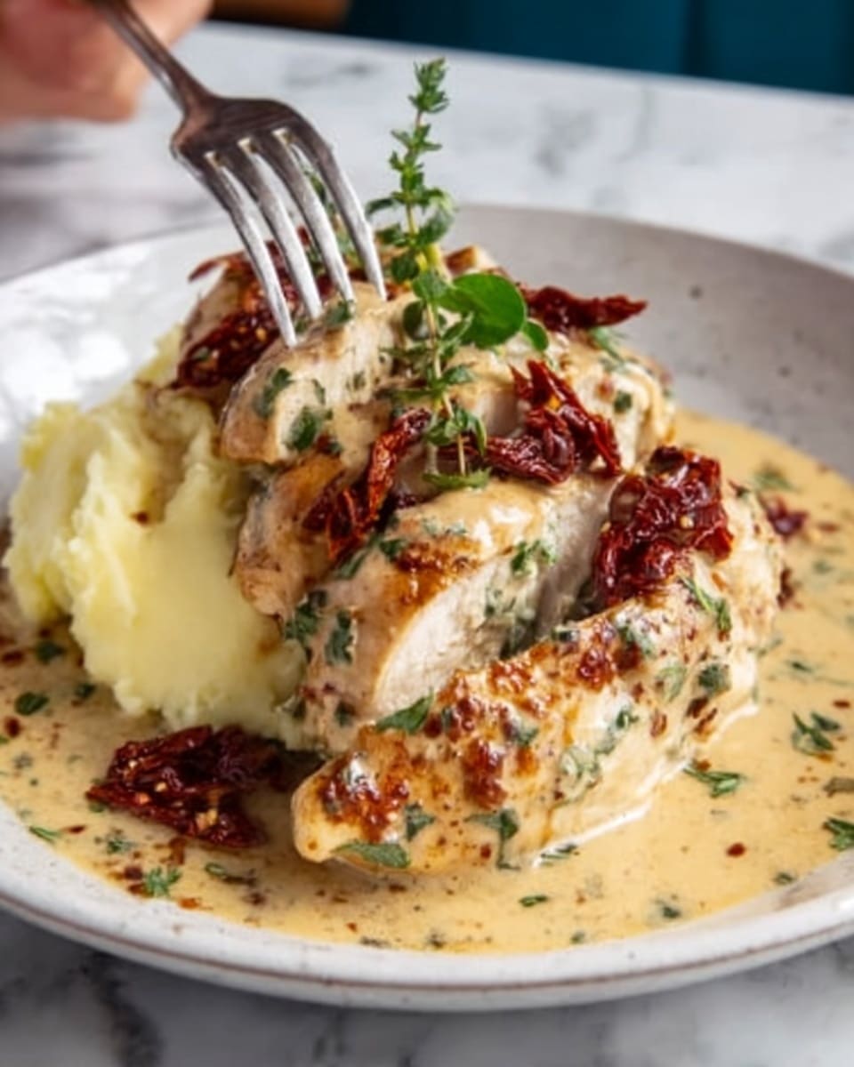 The image shows a dish with chicken breasts sliced and layered on a white plate, covered in a creamy light beige sauce with green herbs mixed throughout. On top of the chicken, there are pieces of dark red sun-dried tomatoes and small green herb leaves for garnish. To the side, there is a serving of creamy mashed potatoes with a smooth, fluffy texture. A fork is placed into the chicken from above, held by a woman's hand. The plate is set on a white marbled surface. Photo taken with an iphone --ar 4:5 --v 7