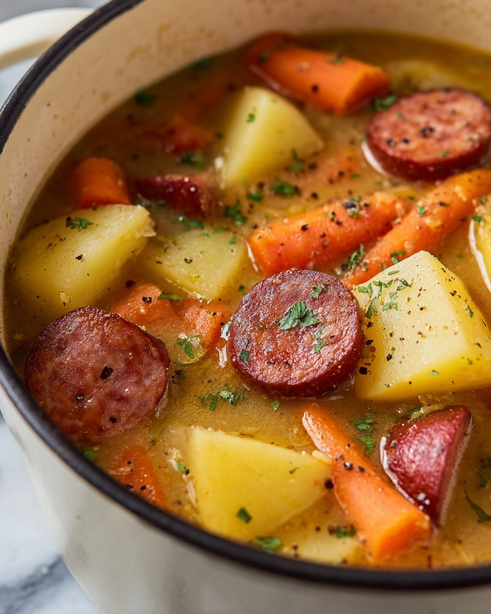 A close-up image of a thick soup in a white pot with a black rim, featuring large pieces of deep orange carrots and chunky light yellow potatoes lightly coated in broth. Slices of reddish-brown sausage float on the surface, showing a slightly textured, cooked meat look with small green herb flecks sprinkled across the top. The broth appears light brown and slightly oily, with small black pepper specks and bits of green herbs adding color contrast. The pot sits on a white marbled surface. photo taken with an iphone --ar 4:5 --v 7