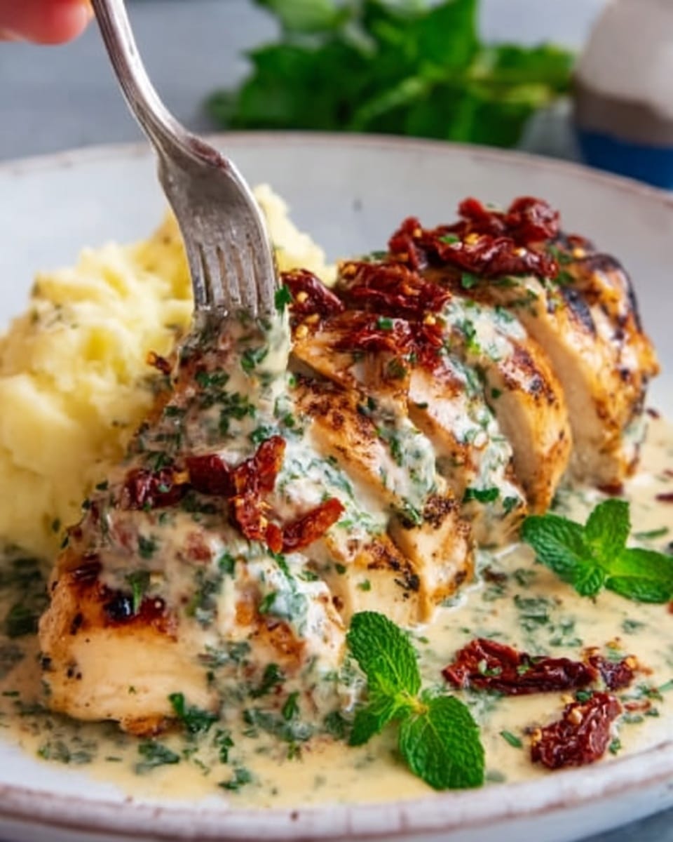 The image shows a white plate with five pieces of golden brown chicken breast, each piece sliced and covered in a creamy light yellow sauce with green herbs sprinkled throughout. On top of the chicken are small pieces of red sun-dried tomatoes and a fresh green mint leaf for garnish. To the side of the chicken is a smooth, white mound of mashed potatoes. A silver fork held by a woman's hand is gently touching one piece of chicken. The plate sits on a white marbled surface. photo taken with an iphone --ar 4:5 --v 7