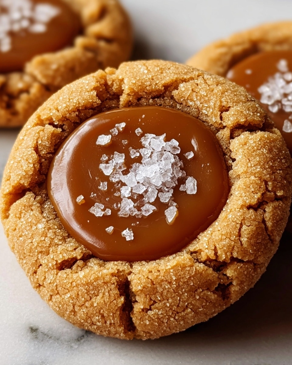 The image shows a close-up of a cookie with two main layers; the base is a golden-brown, cracked, and crumbly cookie layer with a rough texture, and the top is a smooth, glossy caramel filling that sits in a thick, round dollop at the center of the cookie. Scattered over the caramel are small, irregular white flakes of sea salt that add contrast and texture. Another cookie with the same features is partially visible behind the front one, all placed on a white marbled surface. Photo taken with an iphone --ar 4:5 --v 7