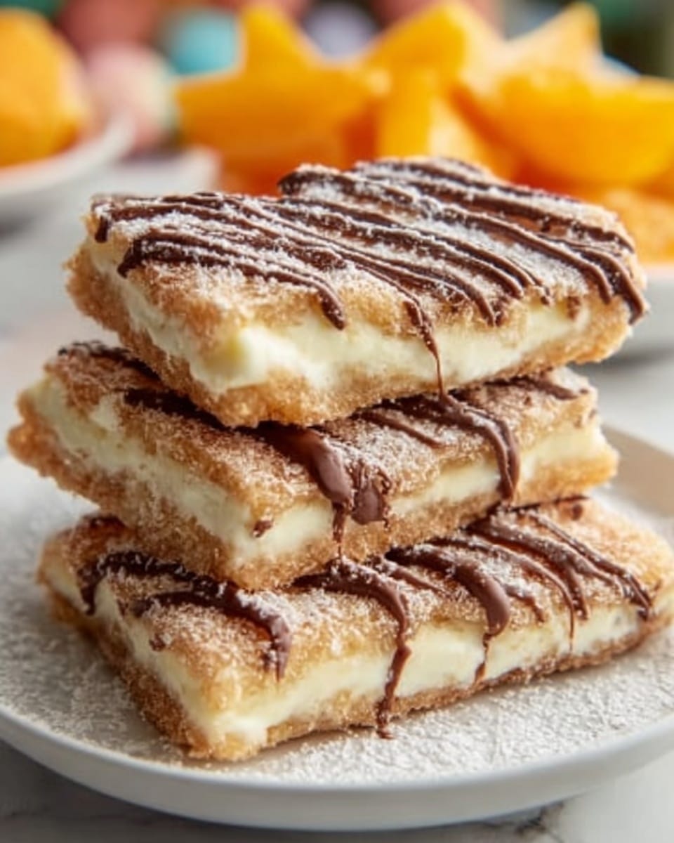 The image shows a stack of four rectangular dessert bars on a white plate. Each bar has a golden-brown crust dusted with sugar on top, with smooth creamy white layers in the middle. Thin zigzag lines of chocolate drizzle are spread across the top layer of each bar. The texture of the crust looks crispy and slightly crumbly, while the cream layer appears soft and smooth. The white plate rests on a white marbled surface, with blurred orange cubes in the background. Photo taken with an iphone --ar 4:5 --v 7