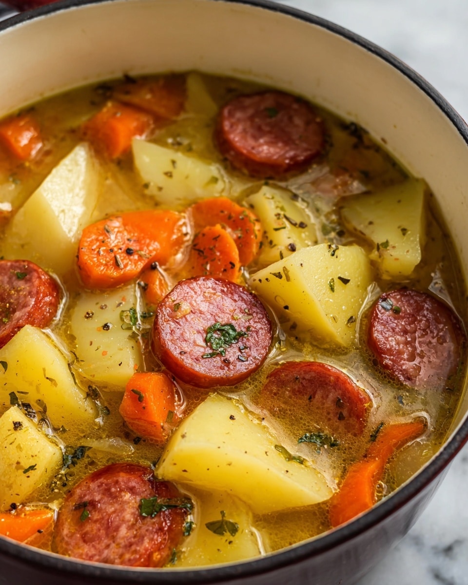 A close-up view of a stew in a white pot with a dark rim, showing three main layers: large chunks of light yellow potatoes, thick slices of reddish-brown sausage, and bright orange carrot slices. The pieces are mixed in a golden, slightly thick broth with a few small green herb flakes and black pepper specks floating on the surface. The textures of the sausage are firm with a slight sheen, the potatoes look tender with smooth edges, and the carrots have a moist but firm appearance. The pot is placed on a white marbled surface. photo taken with an iphone --ar 4:5 --v 7