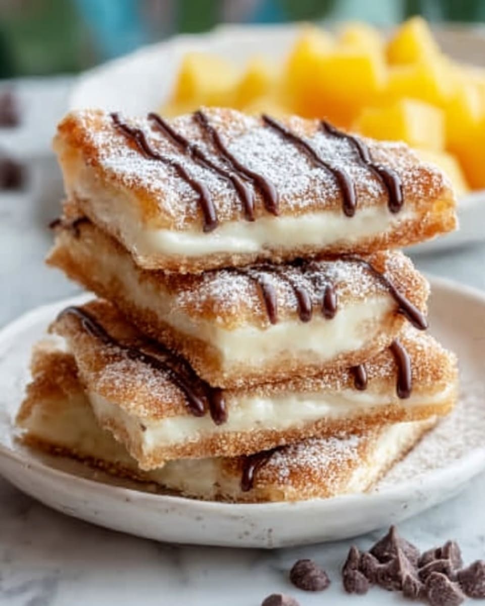 The image shows a stack of four rectangular dessert bars on a white plate, each bar layered with a golden-brown crispy crust, a creamy white filling, and topped with a light dusting of powdered sugar. On top of each bar, there are thin lines of glossy dark chocolate drizzle adding a smooth and shiny texture. The edges of the bars are slightly crisp and uneven, showing a flaky texture. In the background, there is a blurred view of diced yellow fruit and some dark chocolate chips scattered around the plate. The surface under the plate is a white marbled texture. photo taken with an iphone --ar 4:5 --v 7