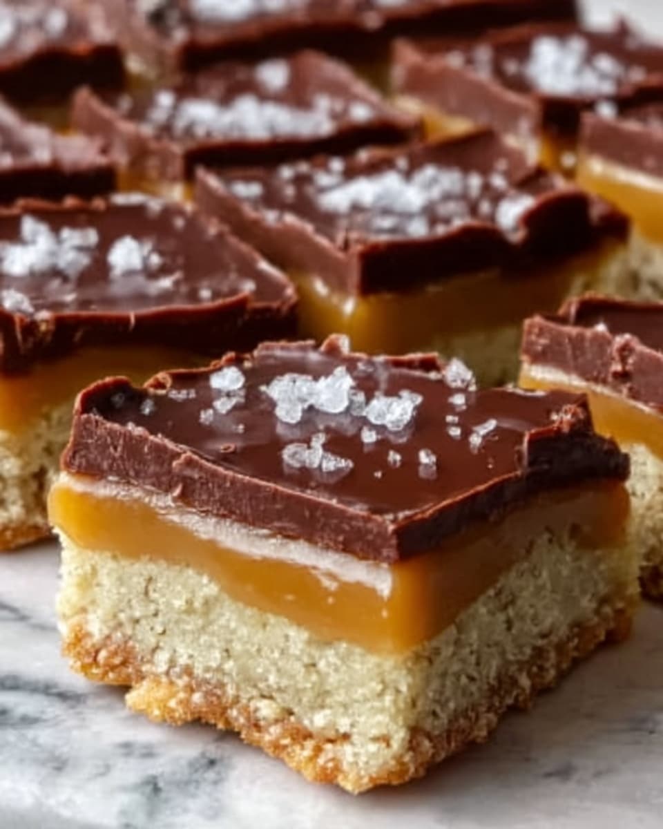 The image shows a close-up of square dessert bars with three distinct layers. The bottom layer is a light, crumbly oat base with a slightly rough texture, light beige in color. Above it is a thick, smooth caramel layer, golden amber in color, evenly spread and slightly glossy. The top layer is a rich, dark chocolate with a shiny finish, some pieces have been cut to show the smoothness inside. Small bits of white sea salt are sprinkled on top, contrasting with the dark chocolate. The dessert is set on a white marbled surface. Photo taken with an iphone --ar 4:5 --v 7