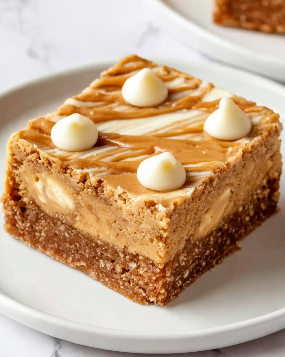 A square chocolate chip blondie with three visible white chocolate chips on top, drizzled with a light brown caramel or peanut butter sauce, placed on a white plate against a white marbled surface. The blondie has a dense and slightly crumbly texture with a golden brown color. Photo taken with an iphone --ar 4:5 --v 7
