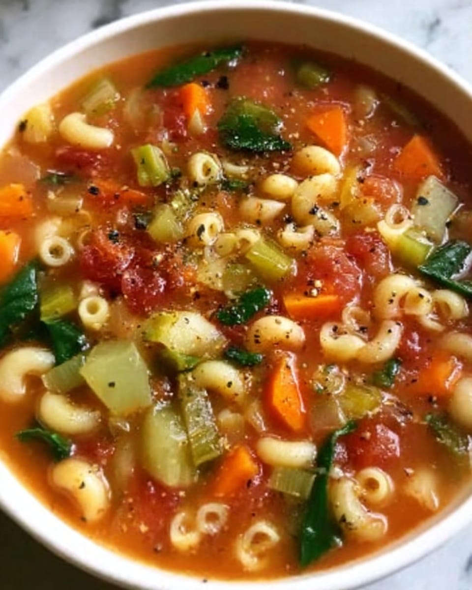 A white bowl filled with vegetable soup showing multiple layers of small, curved white pasta, bright orange carrot slices, green celery pieces, chopped spinach leaves, diced tomato, and small bits of purple beans in a clear, orange broth. The soup has sprinkled black pepper on top and the bowl rests on a white marbled surface. photo taken with an iphone --ar 4:5 --v 7