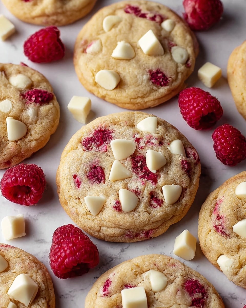 The image shows several round cookies with a golden-brown base, filled with bright red raspberry pieces and scattered large chunks of white chocolate on top, the texture looks soft and slightly chewy. Around the cookies, whole fresh raspberries and more white chocolate chunks are spread on a white marbled surface, creating a contrast with the warm cookie colors. The cookies have a slight dome shape with a rough surface dotted by the embedded ingredients. photo taken with an iphone --ar 4:5 --v 7
