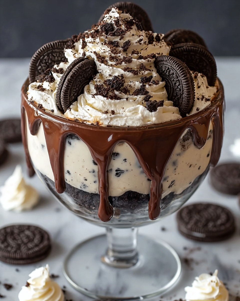 A tall clear glass bowl filled with three main layers begins with a dark brown crumb layer at the bottom, followed by a thick off-white creamy layer with tiny dark specks, and topped by another dark crumb layer. Around the middle, glossy milk chocolate drips down the inside edges of the glass, forming long streaks. On top, there is a generous layer of fluffy, white whipped cream that has a soft texture and is decorated with whole round chocolate sandwich cookies placed upright and scattered across the cream. Chocolate crumbs are sprinkled through the cream and a glossy chocolate drizzle streaks over the whipped cream, adding a rich contrast. The entire dessert sits on a white marbled surface with some scattered whole cookies and cream dollops in the blurred background. photo taken with an iphone --ar 4:5 --v 7