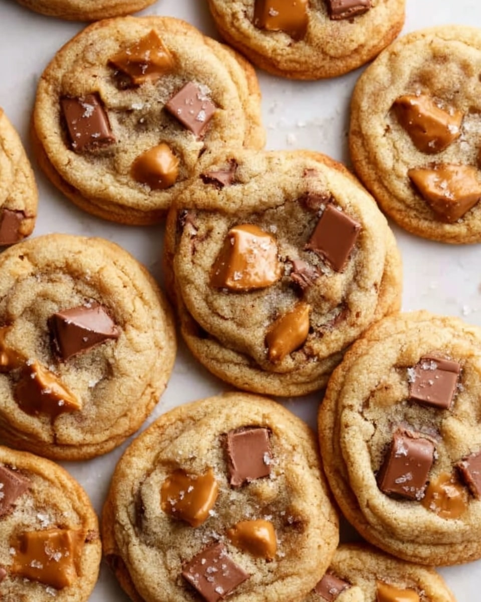 A close-up of soft, round cookies arranged loosely on a white marbled surface, each cookie showing a golden-brown color with a slightly crisp edge and a chewy center. The cookies have large chunks of milk chocolate and caramel chips embedded on top, adding a mix of light brown and darker brown spots contrasted against the warm cookie dough. The texture of the cookies appears slightly cracked and crinkled, showing a homemade and inviting look. photo taken with an iphone --ar 4:5 --v 7