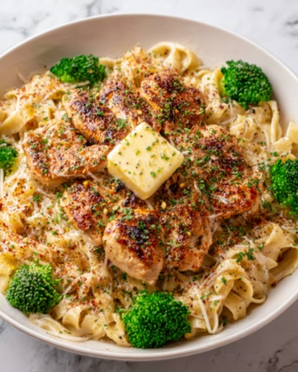 A white bowl holds a dish with a base layer of creamy pasta, light beige in color and soft in texture, topped with golden-brown grilled chicken pieces that have a slightly crispy char. Sprinkled on top are small green herbs and reddish-brown seasonings, adding color and texture. On top of the chicken rests a square slice of melting butter, pale yellow and glossy. Around the edges of the bowl, there are several small bright green broccoli florets. The whole dish is set on a white marbled surface. Photo taken with an iphone --ar 4:5 --v 7