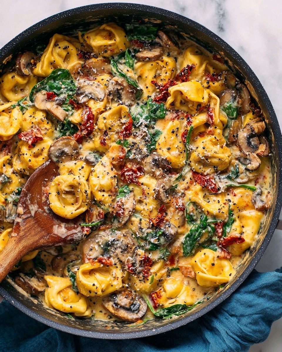The image shows a close-up of a black pan filled with creamy yellow tortellini pasta, mixed with light brown sautéed mushrooms, green spinach leaves, and bits of red sun-dried tomatoes. The dish is covered in a thick, slightly glossy sauce speckled with black pepper and sprinkled with grated white cheese. A wooden spoon is partially submerged, stirring the mixture. The pan sits on a white marbled surface with a blue cloth partially visible next to it. photo taken with an iphone --ar 4:5 --v 7