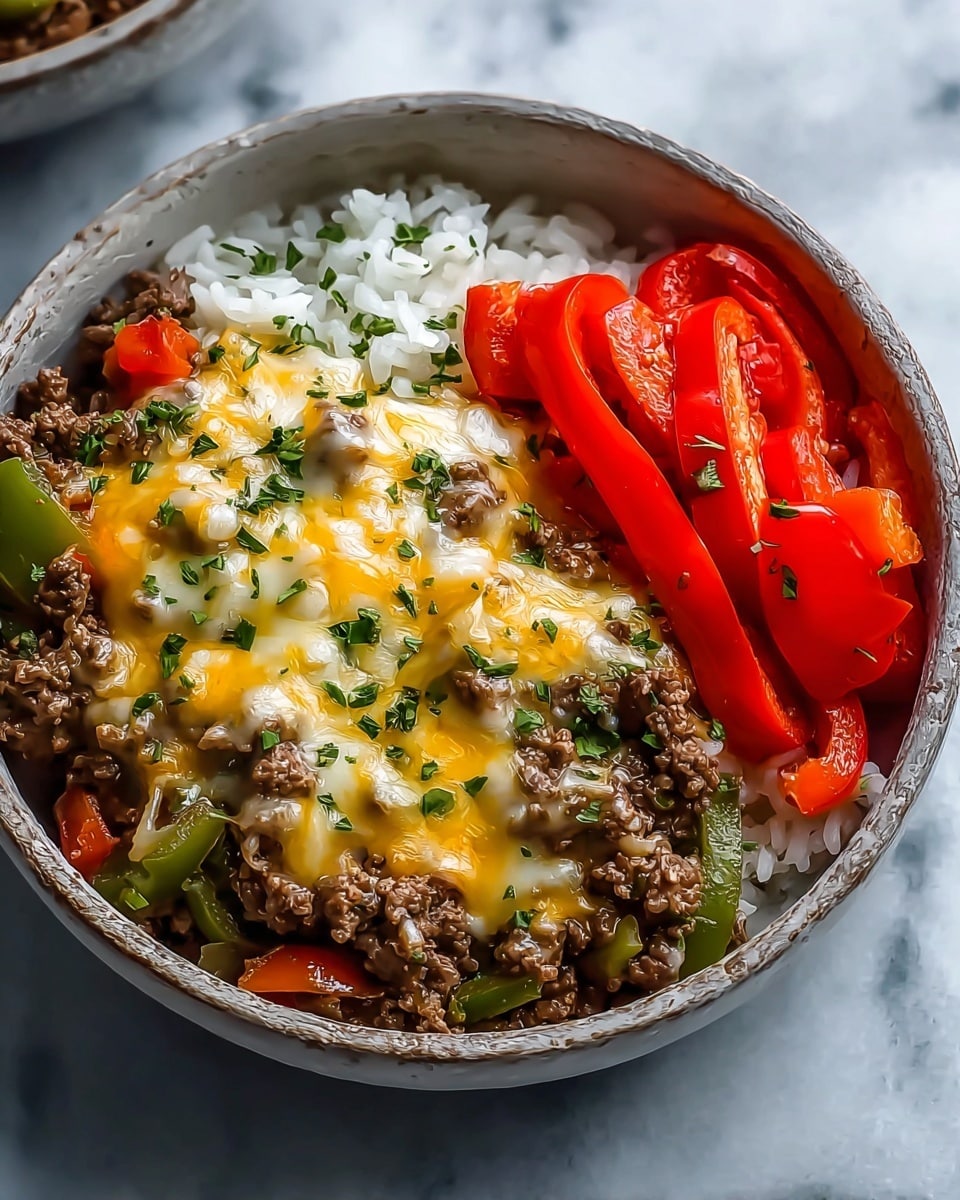 A white bowl holds three main layers: the bottom layer of fluffy white rice, next a thick layer of cooked ground beef mixed with soft sautéed green peppers and mushrooms, topped with melted yellow and white cheese sprinkled with green herbs. On the side of the bowl is a bright layer of fresh, sliced red bell peppers with some green herbs on top. The bowl is placed on a white marbled surface. photo taken with an iphone --ar 4:5 --v 7
