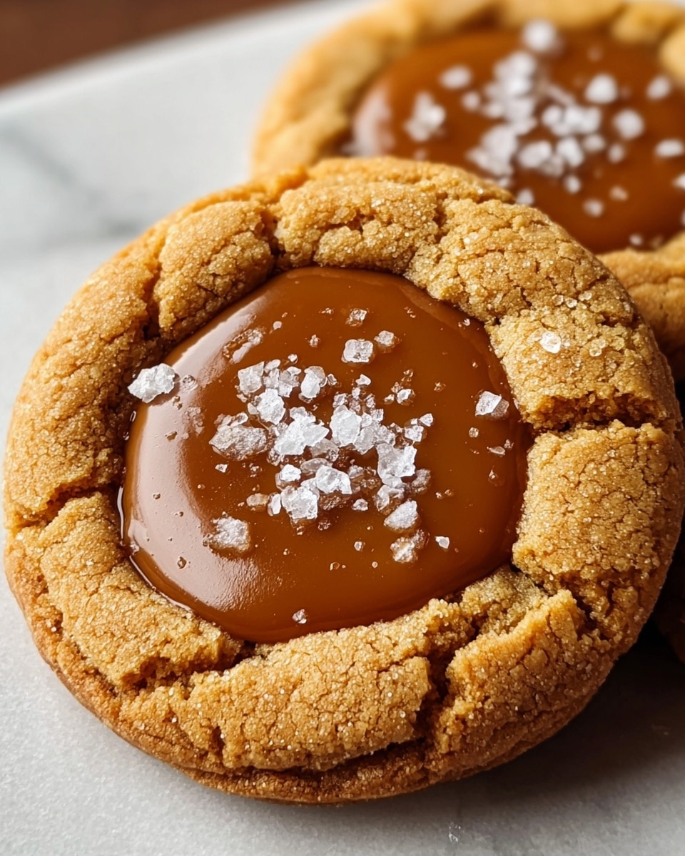 A close-up of two round cookies with a cracked light brown outer layer forming the base, topped with a thick, glossy caramel center in a darker golden brown color; the soft caramel is sprinkled with coarse white salt crystals, creating a contrast with the smooth surface, all set on a white marbled texture surface. photo taken with an iphone --ar 4:5 --v 7