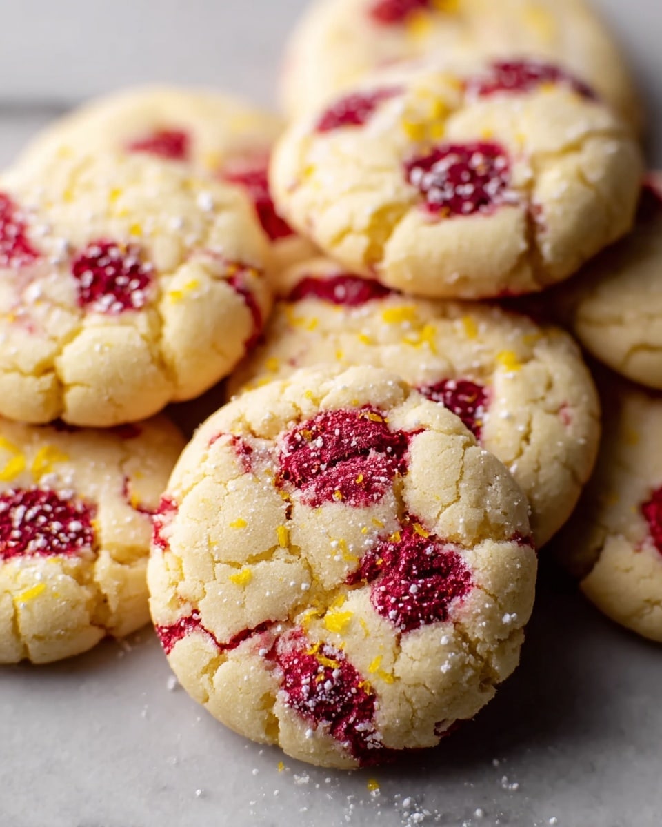 A close-up image shows a pile of seven soft, round cookies placed directly on a white marbled surface. Each cookie is pale yellow with several bright red raspberry bits embedded across the top, creating uneven spots of deep red. The cookies have a slightly cracked texture and are sprinkled lightly with white powdered sugar and tiny yellow zest pieces, adding color contrast and detail. The front cookie is in clear focus, while the others blur gently into the background. photo taken with an iphone --ar 4:5 --v 7
