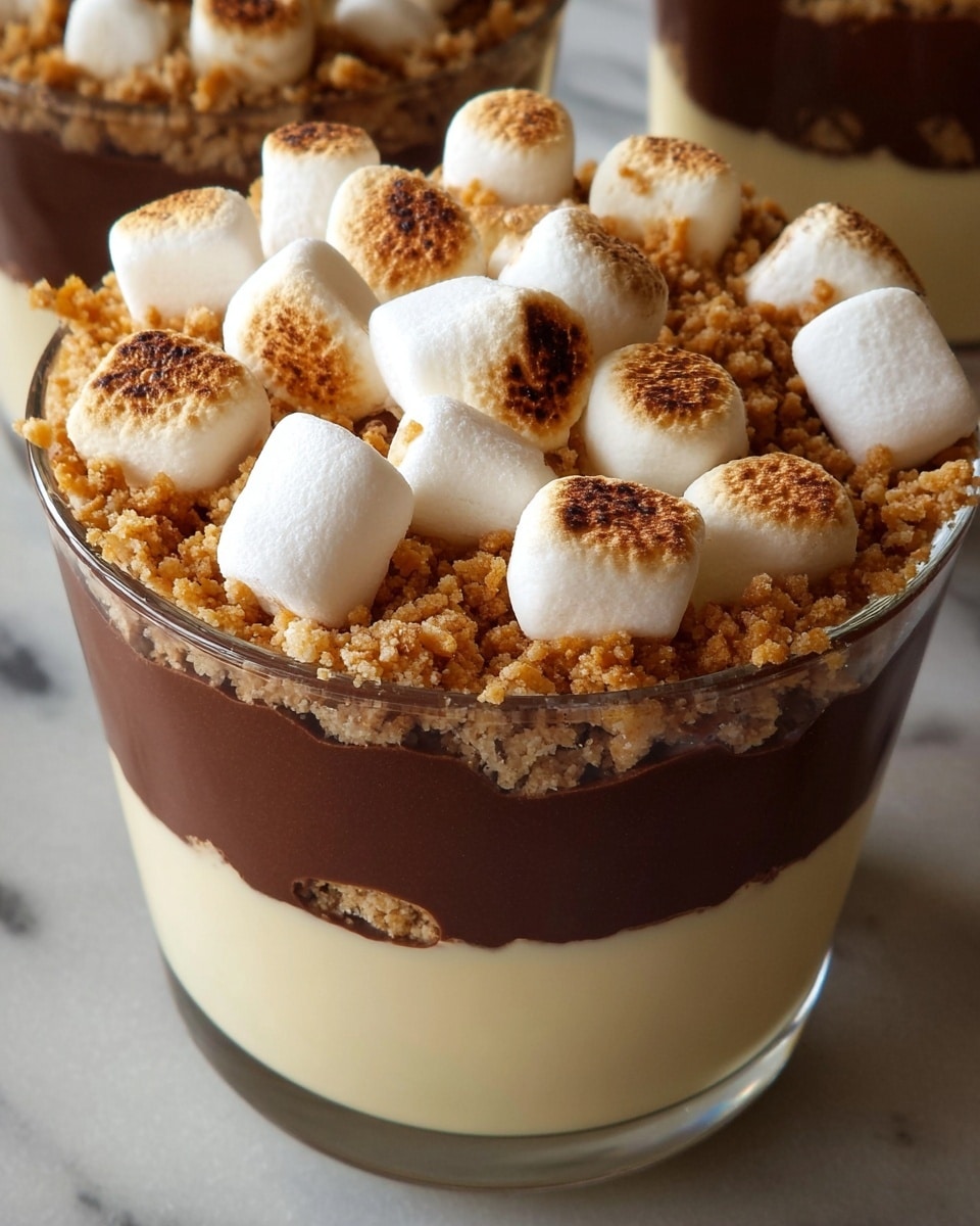 The dessert is shown in a clear glass, composed of three visible layers: the bottom layer is creamy and light yellow in color, the middle layer is dark and smooth chocolate pudding, and the top layer consists of crunchy beige crumbles with large marshmallows placed on top; some marshmallows are toasted and golden brown while others remain white, all arranged closely together. photo taken with an iphone --ar 4:5 --v 7
