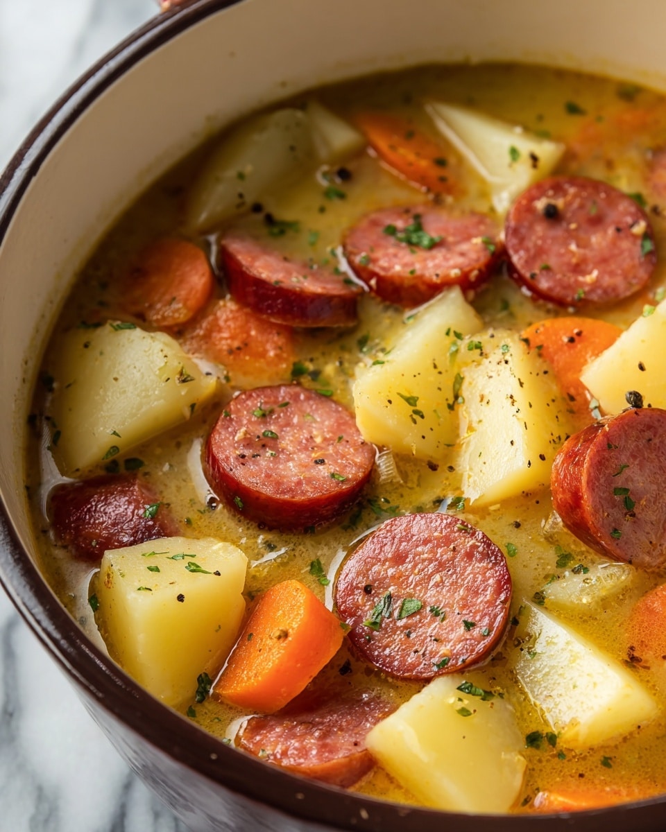 The image shows a close-up of a stew inside a white pot with a black rim. The dish has three clear layers: the bottom layer is a light brown broth with visible herbs and specks of black pepper. Floating above the broth are chunks of yellow potatoes cut into rough cubes, smooth orange carrot slices, and round slices of reddish-brown sausage with a slightly textured surface. Small green herb pieces are sprinkled evenly over the top. The pot is set on a white marbled surface. Photo taken with an iphone --ar 4:5 --v 7