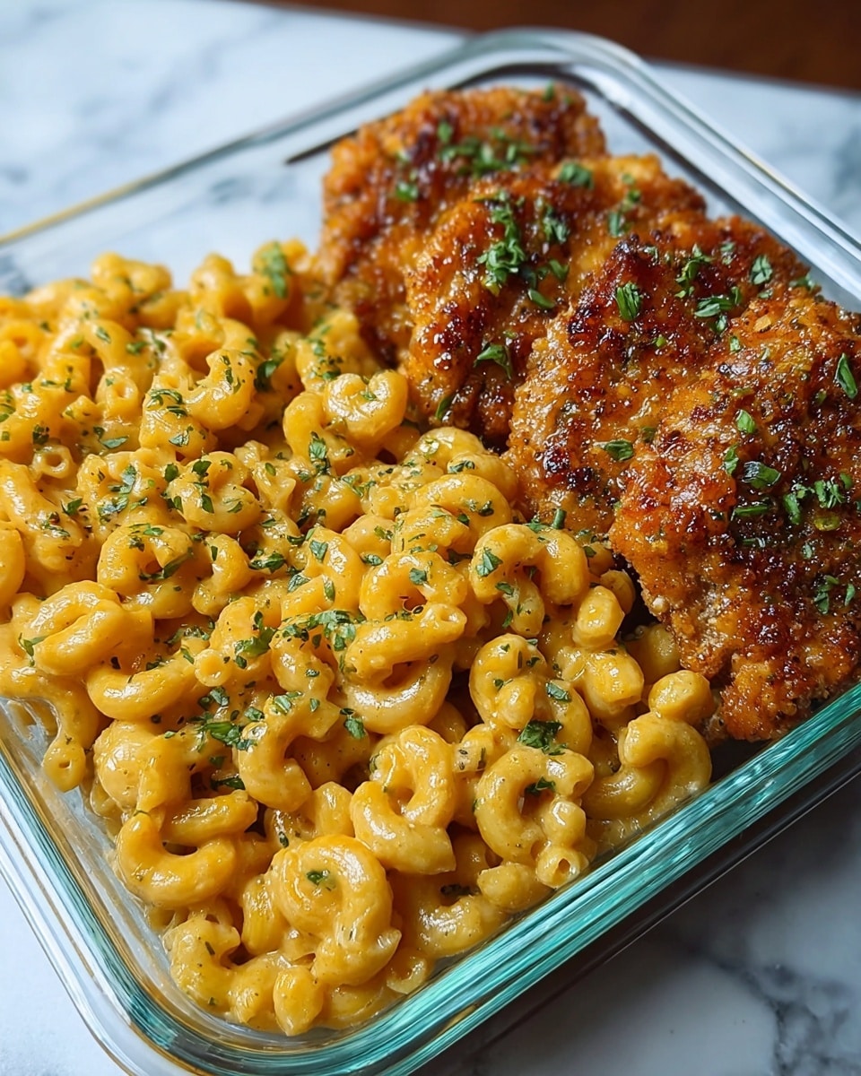 The image shows a clear rectangular glass dish filled with two main parts: on the left, creamy macaroni and cheese made with small curly macaroni, coated in rich yellow-orange cheese sauce, sprinkled lightly with green herbs; on the right, several pieces of golden brown, crispy fried chicken patties with a shiny, slightly oily surface, also garnished with green herbs. The dish rests on a white marbled surface. photo taken with an iphone --ar 4:5 --v 7