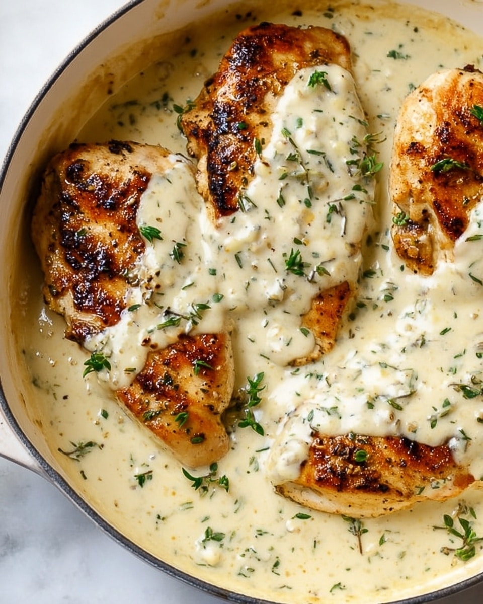 The image shows a close-up of four browned chicken breasts partially covered in a thick, creamy white sauce with a smooth texture, all inside a white pot. The chicken pieces are golden brown with blackened grill marks and slightly crispy edges. Small green herb pieces are sprinkled across the chicken and sauce, adding a touch of color contrast to the creamy off-white sauce. The pot sits on a white marbled textured surface, enhancing the creamy tones of the dish. photo taken with an iphone --ar 4:5 --v 7