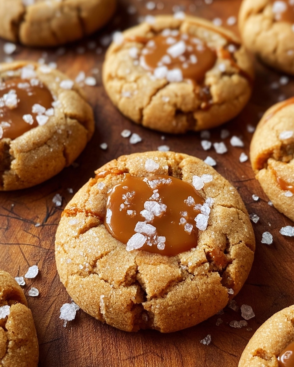 The image shows several round cookies placed on a wooden surface with a white marbled texture added in the background. Each cookie has a thick, golden-brown outer layer that is cracked and textured like oatmeal or peanut butter cookie dough. The center of the cookie is a smooth, light brown layer filled with shiny caramel dollops arranged around the middle. The very top of the caramel center is sprinkled with coarse white sea salt, adding a contrast in color and a grainy texture. The cookies are slightly raised and thick, giving them a soft and chewy look, and steam rises gently from them, making them appear freshly baked. photo taken with an iphone --ar 4:5 --v 7