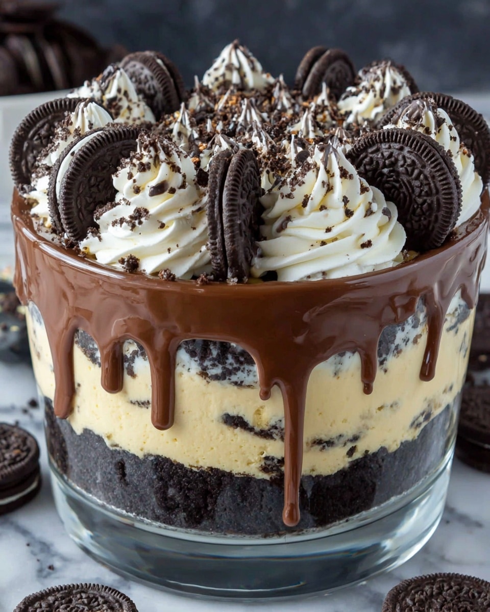 A tall clear glass cup filled with a layered dessert, starting at the bottom with a dark, crumbly chocolate cake layer followed by a thick, light cream layer with small dark specks. Above this is a smooth dark chocolate sauce dripping down inside the glass. The next layer is another dark chocolate cake base topped by a thick swirl of light cream with dark specks, finished with large whole chocolate sandwich cookies placed on top surrounded by whipped cream swirls with a drizzle of chocolate sauce and chocolate crumbs, all on a white marbled surface. photo taken with an iphone --ar 4:5 --v 7