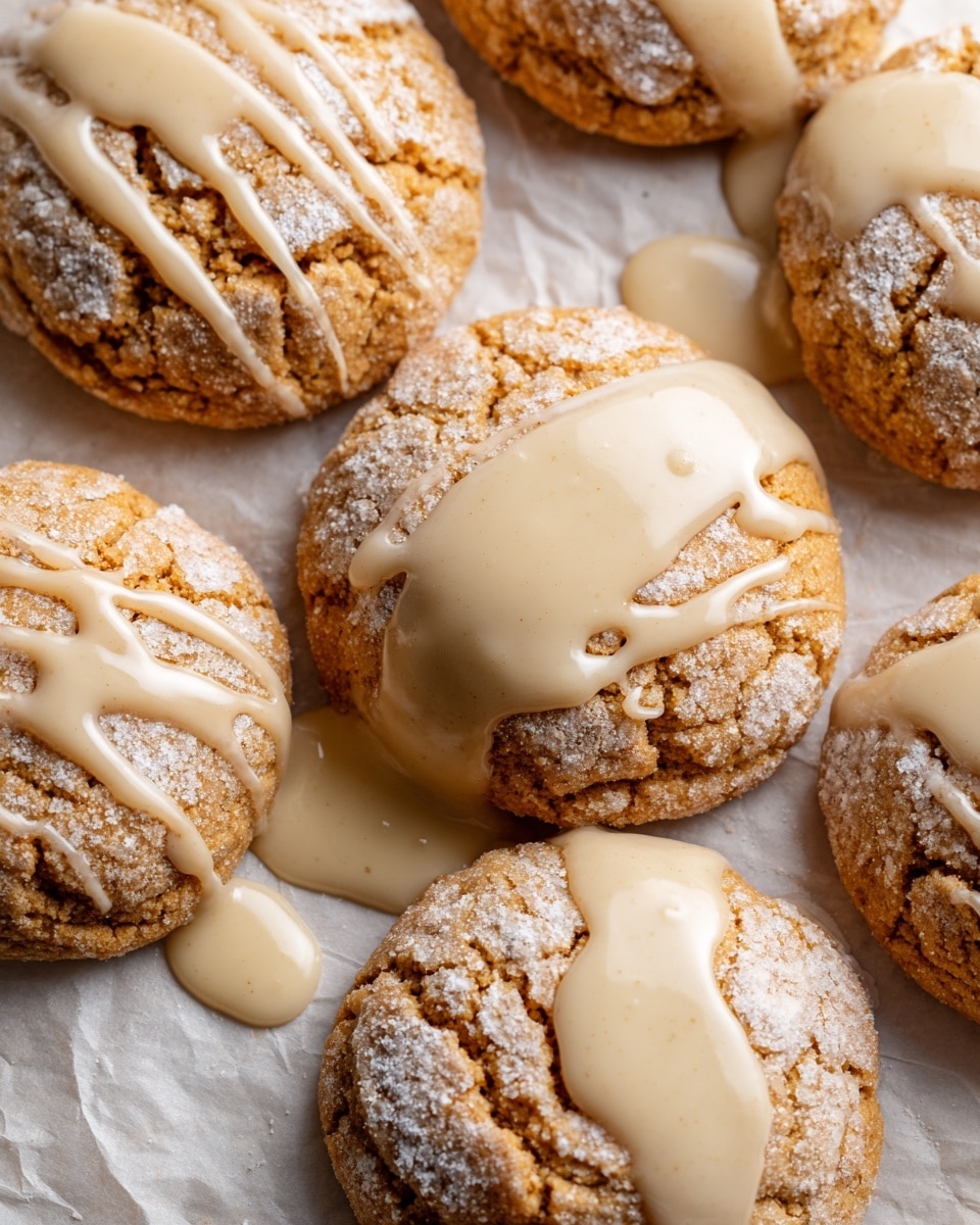 The image shows a close-up of soft, round cookies arranged on a white marbled surface. Each cookie has a light golden-brown color with a slightly rough and crumbly texture. On top of each cookie, there is a thick, creamy white glaze being poured slowly from above, creating a glossy layer that spreads across the center. Some of the cookies have a dusting of fine white powder on the edges, adding a soft contrast to the glaze. The overall look is warm and inviting, with the cookies closely placed in neat rows. The photo is taken with an iphone --ar 4:5 --v 7