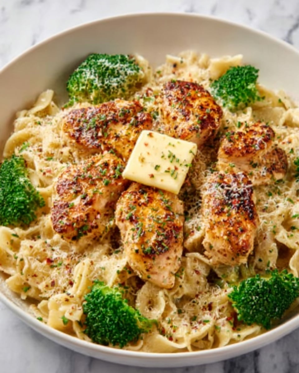 A close-up image of a white round plate filled with layers of food, starting with a base of creamy pasta in a light beige color. On top of the pasta, there are small pieces of grilled chicken that are golden brown with a slightly crispy texture. Scattered green broccoli florets are placed around the chicken. In the center, there is a square piece of melted pale yellow butter, sprinkled with crushed red pepper flakes and herbs. The plate is set against a white marbled surface. Photo taken with an iphone --ar 4:5 --v 7