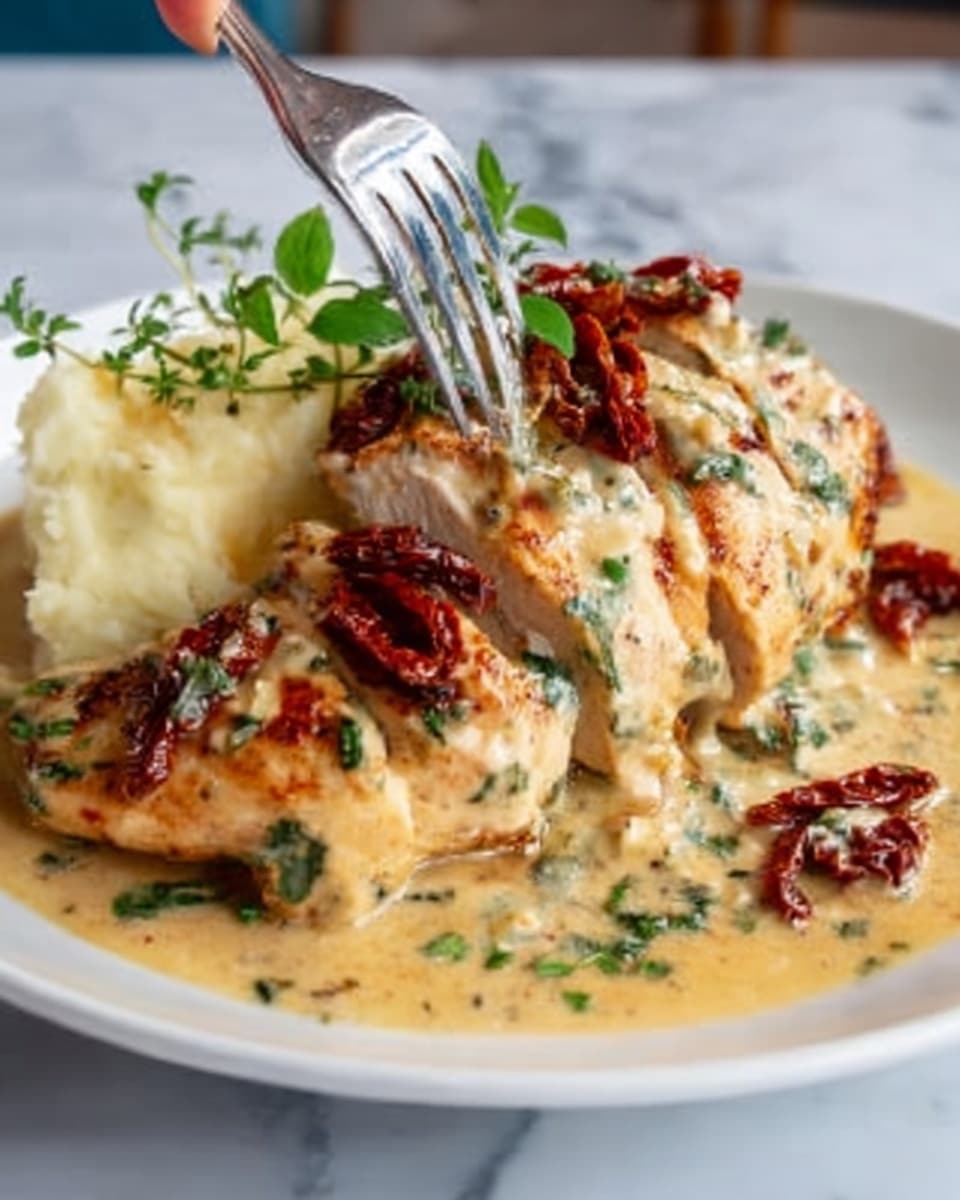 The dish shows a white plate with five pieces of grilled chicken breasts placed side by side in the center, each piece browned with a slightly crispy texture. The chicken is covered by a creamy white sauce with green herbs mixed throughout, pooling around the base. On top of the chicken, there are small pieces of dark red sun-dried tomatoes scattered, and finely chopped green herbs sprinkled over everything. Behind the chicken, there is a mound of smooth, fluffy mashed potatoes with a creamy texture and no lumps. A woman's hand is holding a fork, ready to cut into one piece of chicken. The background is a white marbled surface. Photo taken with an iphone --ar 4:5 --v 7