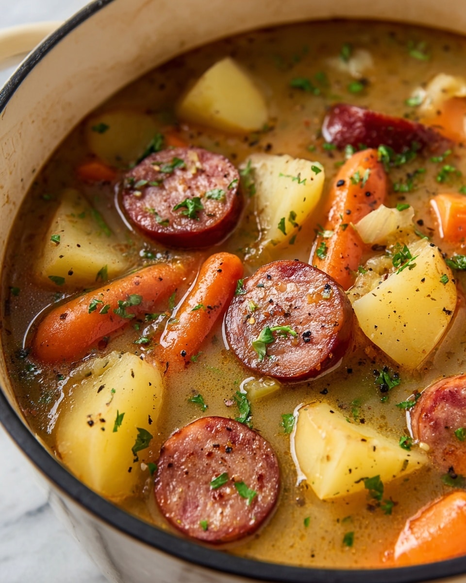 A close-up view of a soup in a white pot filled with three main layers: thick slices of reddish sausage on the top layer, bright orange carrot rounds scattered in the middle, and chunky yellow potato pieces forming the bottom layer, all floating in a light brown broth speckled with black pepper and green herbs, the pot placed on a white marbled countertop. photo taken with an iphone --ar 4:5 --v 7