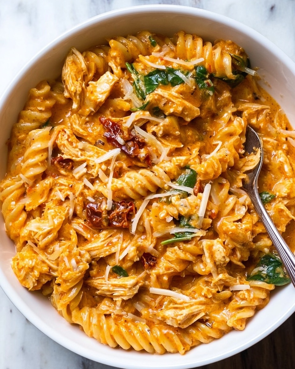 The image shows a close-up of a white bowl filled with creamy, orange-colored pasta. The dish has spiral rotini noodles mixed with shredded chicken, small pieces of sun-dried tomatoes, and bits of green herbs. The sauce is thick and smooth, coating the pasta and chicken well. There are small shreds of white cheese scattered on top, and a silver spoon rests inside the bowl on the right side. The bowl is set on a white marbled surface. photo taken with an iphone --ar 4:5 --v 7