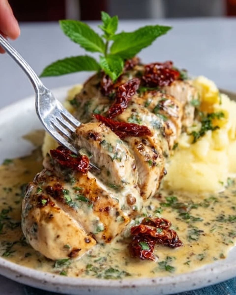 The dish shows a white plate with four thick pieces of golden-brown grilled chicken breast arranged in a row. The chicken is topped with a creamy, light beige sauce that has small green herb pieces mixed in. On top, there are a few small, bright red sun-dried tomatoes and a fresh, bright green mint leaf as garnish. To the back right of the plate, there is a smooth, white mound of mashed potatoes. A silver fork held by a woman's hand is touching one piece of chicken from the left side. The background has a white marbled texture. Photo taken with an iphone --ar 4:5 --v 7